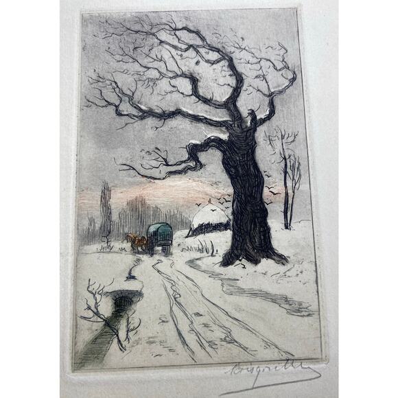 Broyelle Signed Hand-Colored Etchings Pair Rustic Winter French Folk Art Vibe - Picture 2 of 6